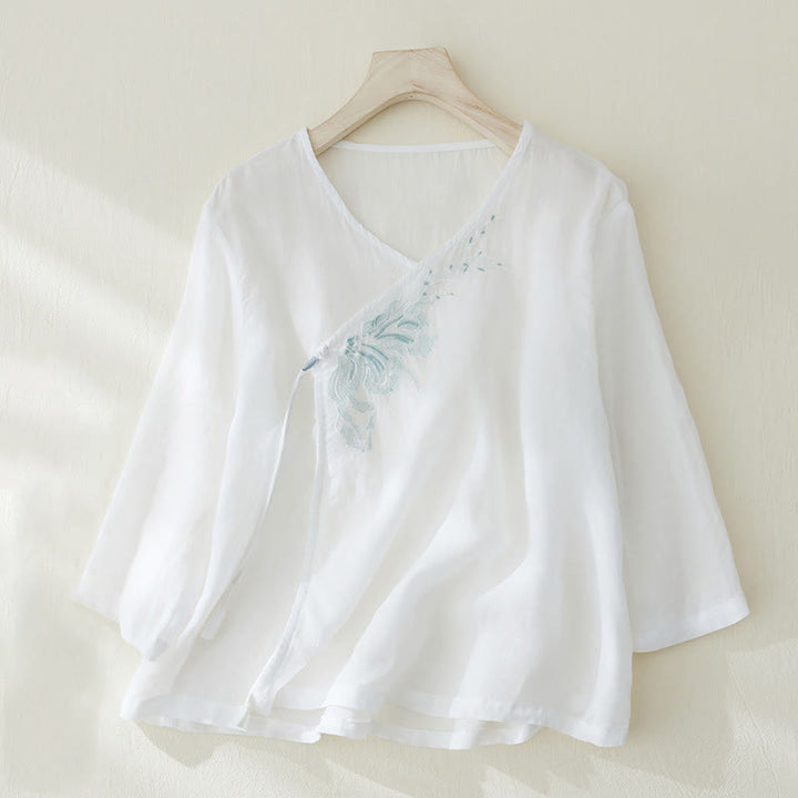 Camicia da donna casual con maniche a tre quarti e ricamo di piante Buddha Stones. - Bianco - US8-10, UK/AU12-14, EU40-42 (2XL) - image 7