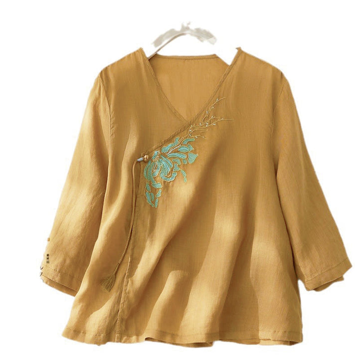 Camicia da donna casual con maniche a tre quarti e ricamo di piante Buddha Stones. - Verga d'oro - US8-10, UK/AU12-14, EU40-42 (2XL) - image 13