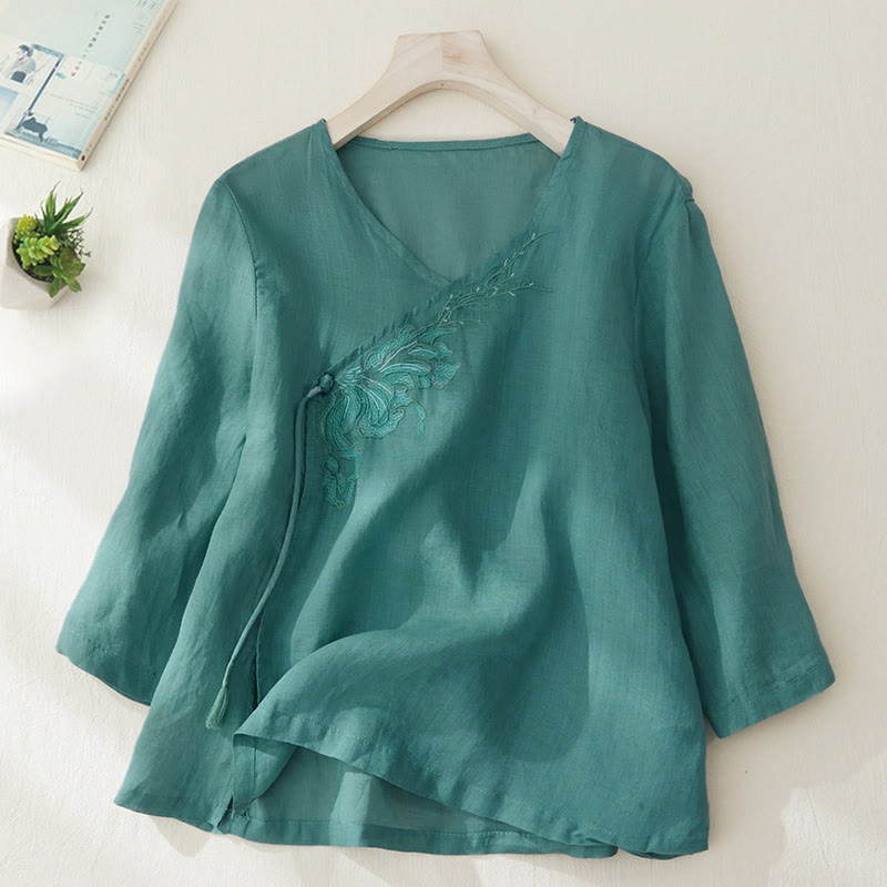 Camicia da donna casual con maniche a tre quarti e ricamo di piante Buddha Stones. - Verde Mare Chiaro - US8-10, UK/AU12-14, EU40-42 (2XL) - image 20