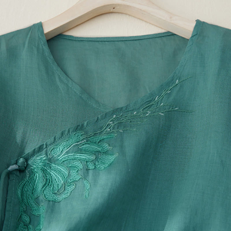 Camicia da donna casual con maniche a tre quarti e ricamo di piante Buddha Stones. - image 22