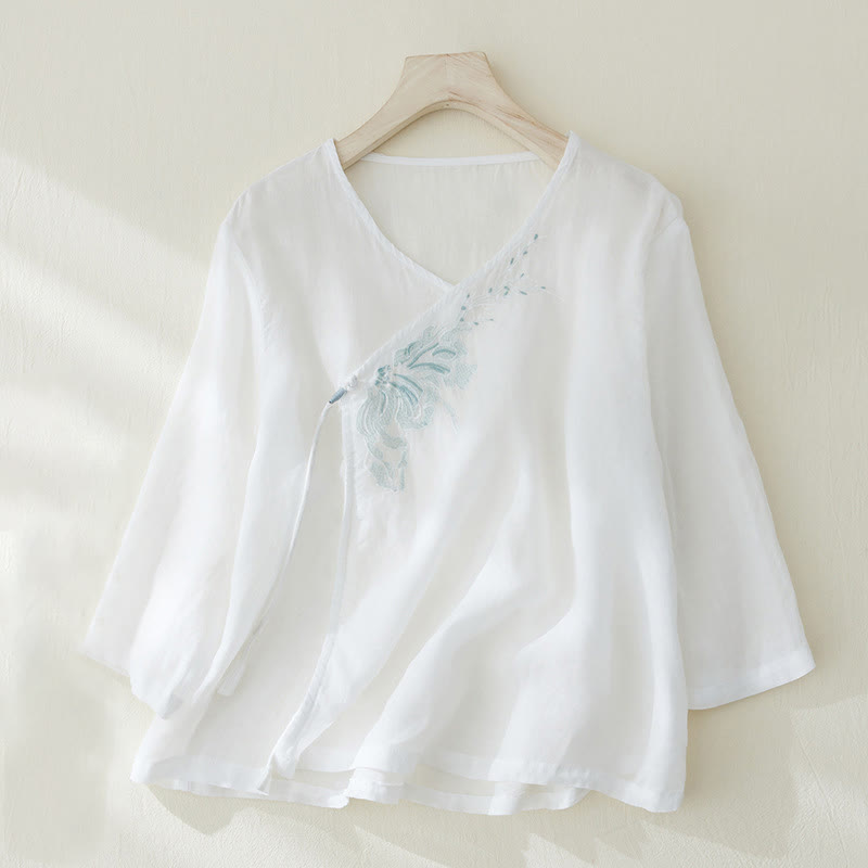 Camicia da donna casual con maniche a tre quarti e ricamo di piante Buddha Stones. - Bianco - US8-10, UK/AU12-14, EU40-42 (2XL) - image 7