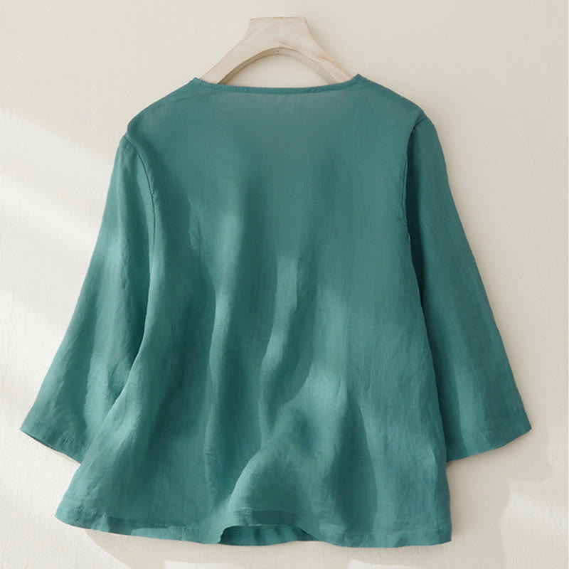 Camicia da donna casual con maniche a tre quarti e ricamo di piante Buddha Stones. - image 21