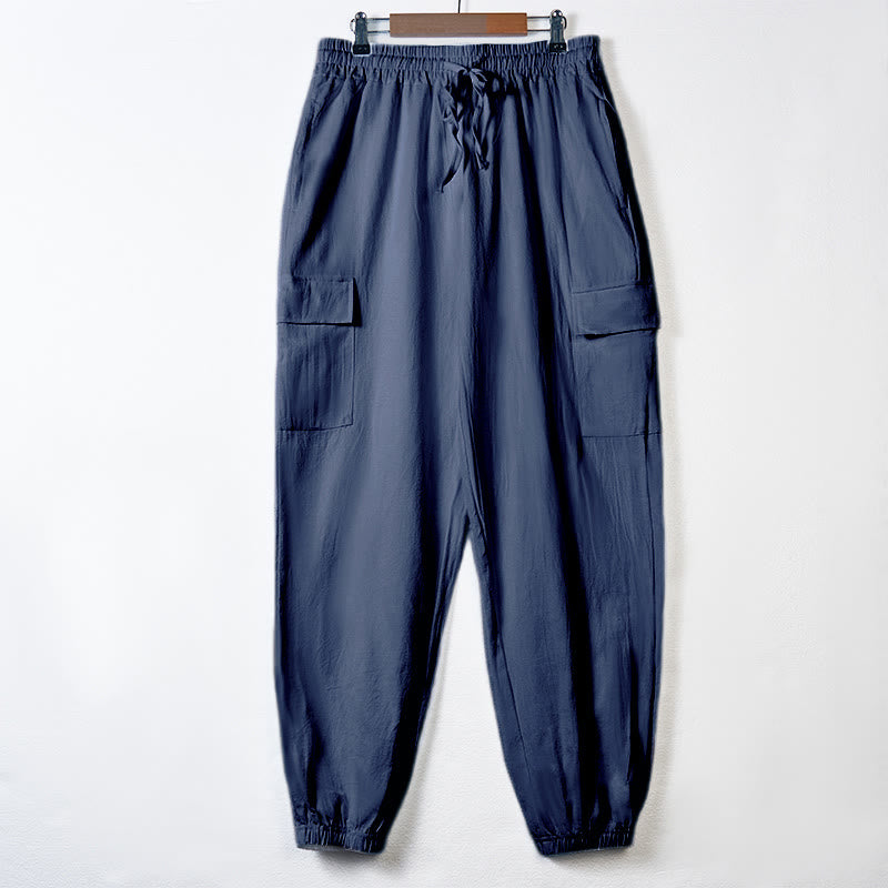 Pantaloni cargo da uomo in lino tinta unita con coulisse e tasche Buddha Stones - SteelBlue - US/UK/AU46, EU56 (3XL) - image 28