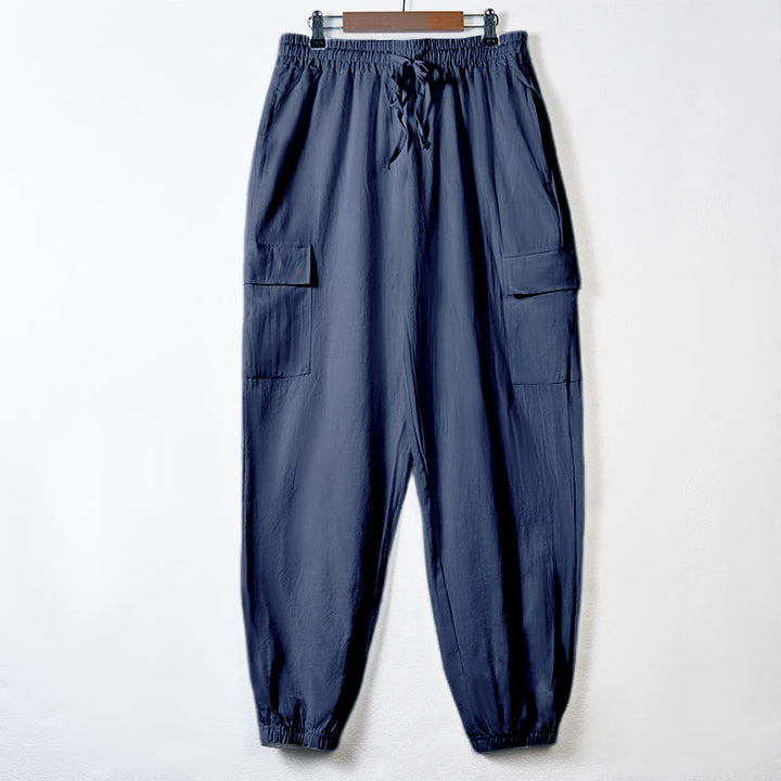 Pantaloni cargo da uomo in lino tinta unita con coulisse e tasche Buddha Stones - SteelBlue - US/UK/AU46, EU56 (3XL) - image 28