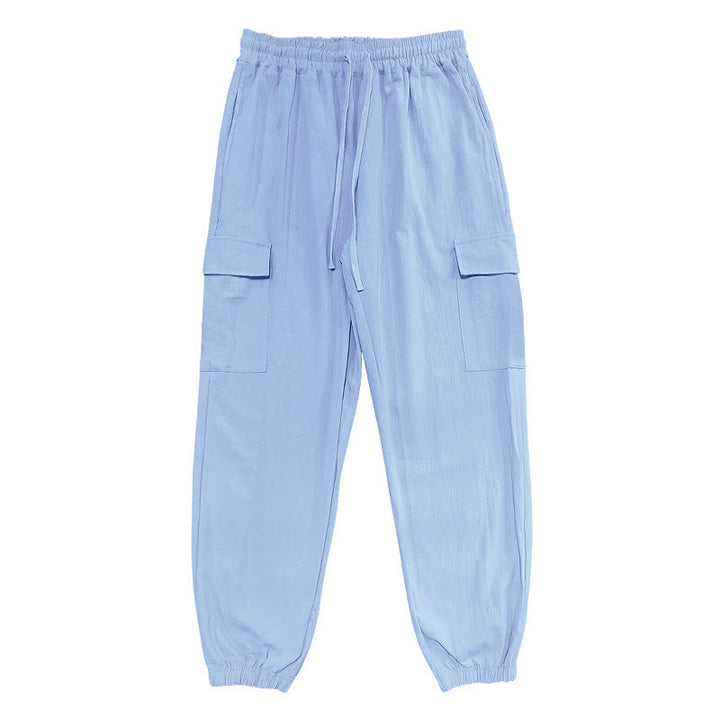 Pantaloni cargo da uomo in lino tinta unita con coulisse e tasche Buddha Stones - image 10