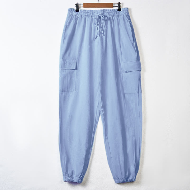 Pantaloni cargo da uomo in lino tinta unita con coulisse e tasche Buddha Stones - Azzurro cielo chiaro - US/UK/AU46, EU56 (3XL) - image 9