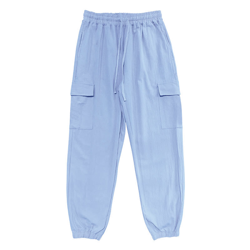 Pantaloni cargo da uomo in lino tinta unita con coulisse e tasche Buddha Stones - image 10