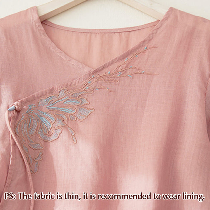 Camicia da donna casual con maniche a tre quarti e ricamo di piante Buddha Stones. - image 2