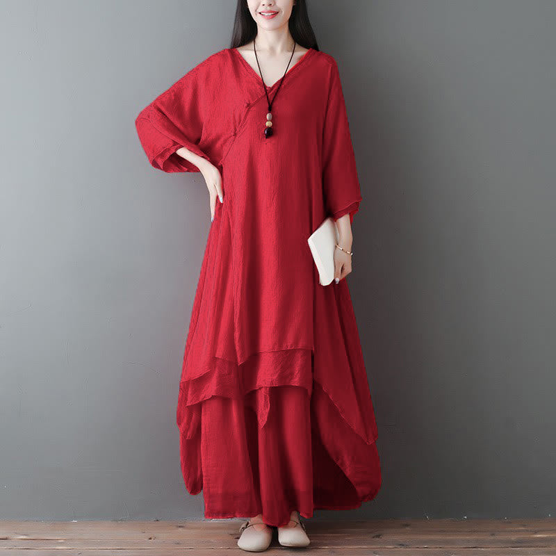Abito tunica midi con scollo a V e pantaloni a gamba larga con motivo Buddha Stones, abbigliamento per meditazione, pratica zen e danza. - Completo 2 pezzi rosso (vestito e pantaloni) - US12, UK/AU16, EU44 (2XL) - image 7