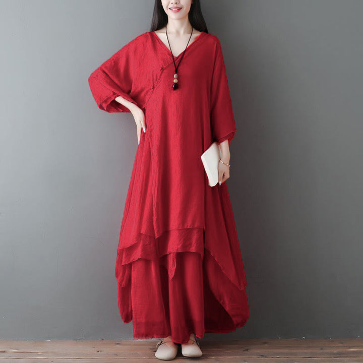 Abito tunica midi con scollo a V e pantaloni a gamba larga con motivo Buddha Stones, abbigliamento per meditazione, pratica zen e danza. - Completo 2 pezzi rosso (vestito e pantaloni) - US12, UK/AU16, EU44 (2XL) - image 7