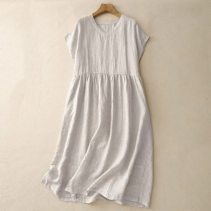Abito midi a maniche corte, tinta unita, stile casual e artistico con motivo Buddha Stones, vita alta e tasche. - Biancheria - US8-10, UK/AU12-14, EU40-42 (2XL) - image 0