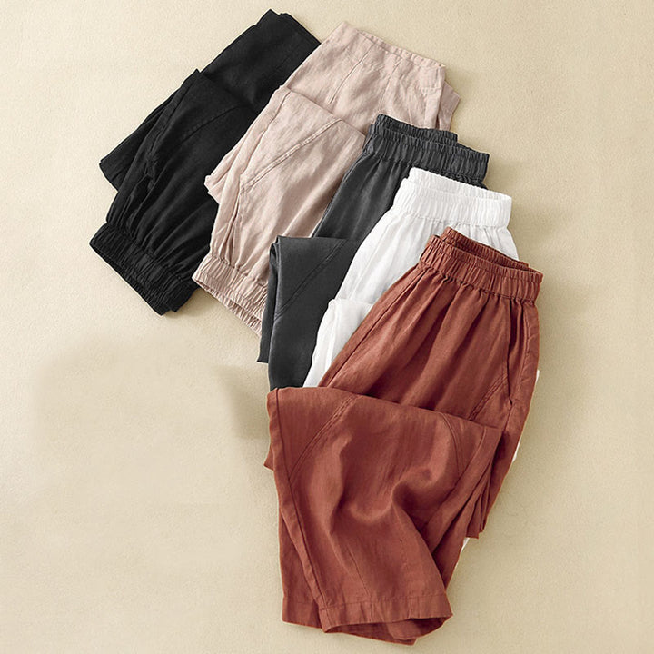Pantaloni corti casual da donna in lino con motivo Buddha Stones, modello harem con tasche. - image 30