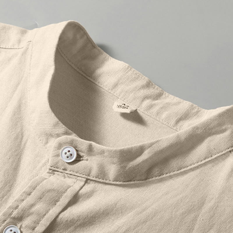 Camicia da uomo estiva a maniche corte in cotone e lino con bottoni e motivo Buddha Stones - image 7