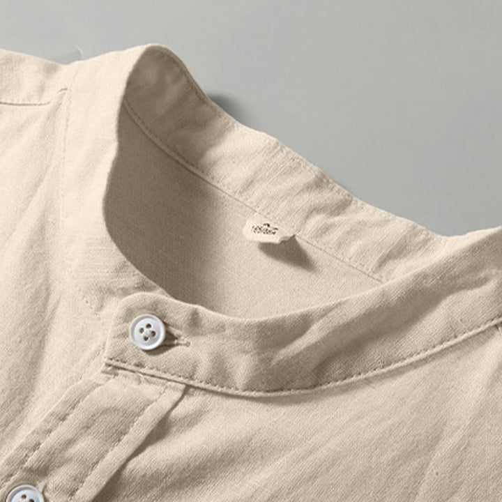 Camicia da uomo estiva a maniche corte in cotone e lino con bottoni e motivo Buddha Stones - image 7