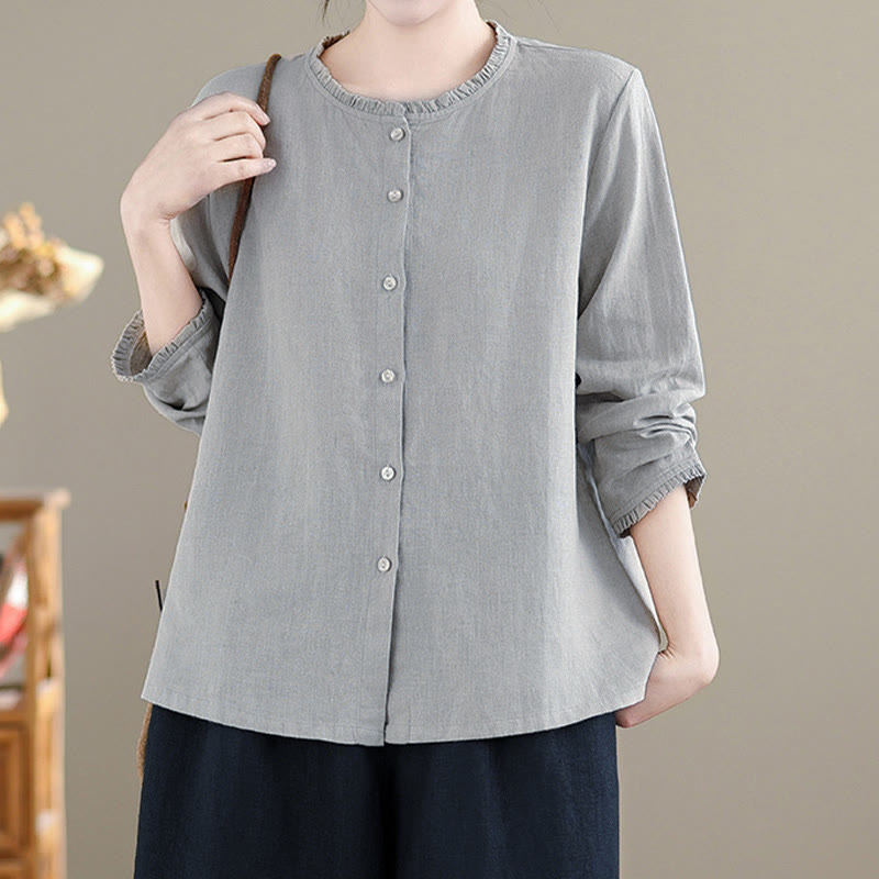 Camicia da donna con scollo rotondo e volant, tinta unita, con motivo Buddha Stones stampa primaverile. - image 9