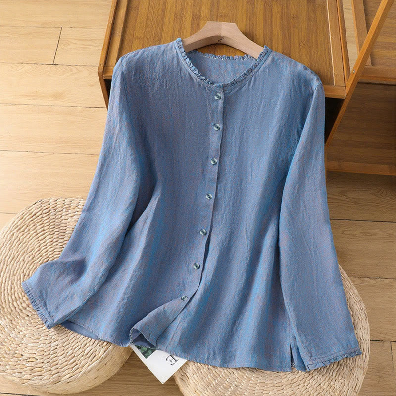 Camicia da donna con scollo rotondo e volant, tinta unita, con motivo Buddha Stones stampa primaverile. - Blu fiordaliso - US14, UK/AU18, EU46 (2XL) - image 16