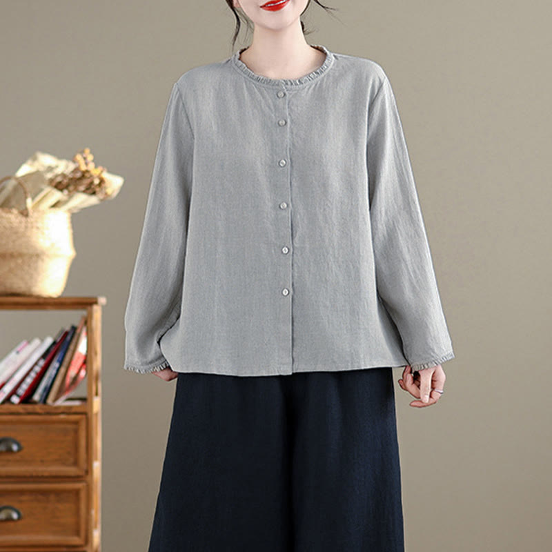 Camicia da donna con scollo rotondo e volant, tinta unita, con motivo Buddha Stones stampa primaverile. - image 12