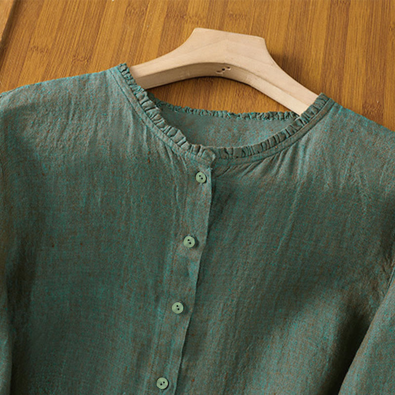 Camicia da donna con scollo rotondo e volant, tinta unita, con motivo Buddha Stones stampa primaverile. - image 1