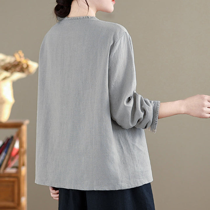 Camicia da donna con scollo rotondo e volant, tinta unita, con motivo Buddha Stones stampa primaverile. - image 8