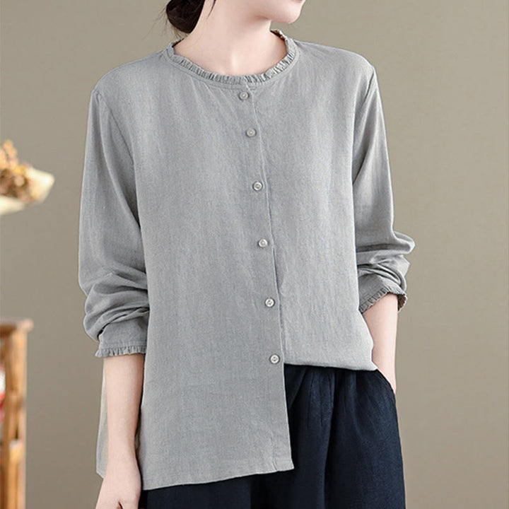 Camicia da donna con scollo rotondo e volant, tinta unita, con motivo Buddha Stones stampa primaverile. - image 7