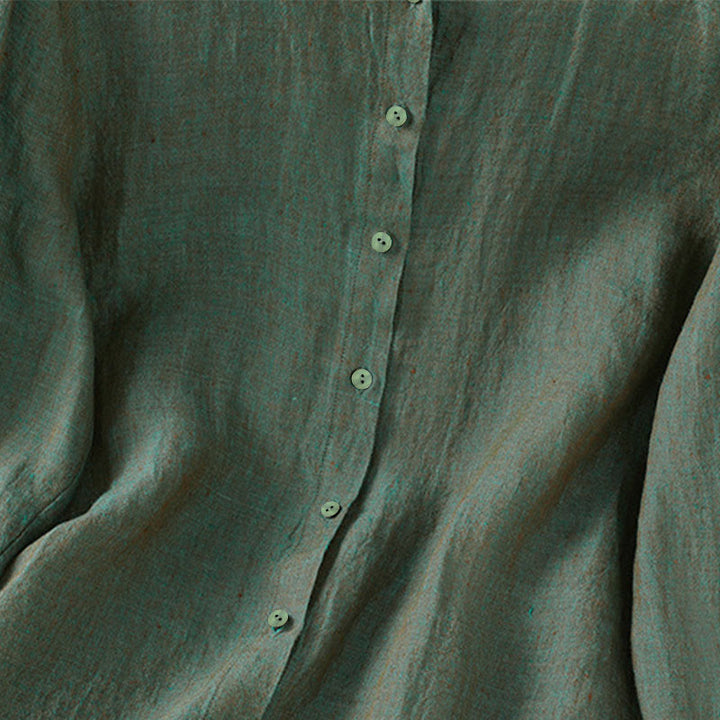 Camicia da donna con scollo rotondo e volant, tinta unita, con motivo Buddha Stones stampa primaverile. - image 3