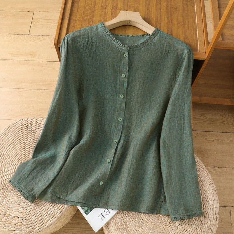 Camicia da donna con scollo rotondo e volant, tinta unita, con motivo Buddha Stones stampa primaverile. - Verde mare - US14, UK/AU18, EU46 (2XL) - image 0