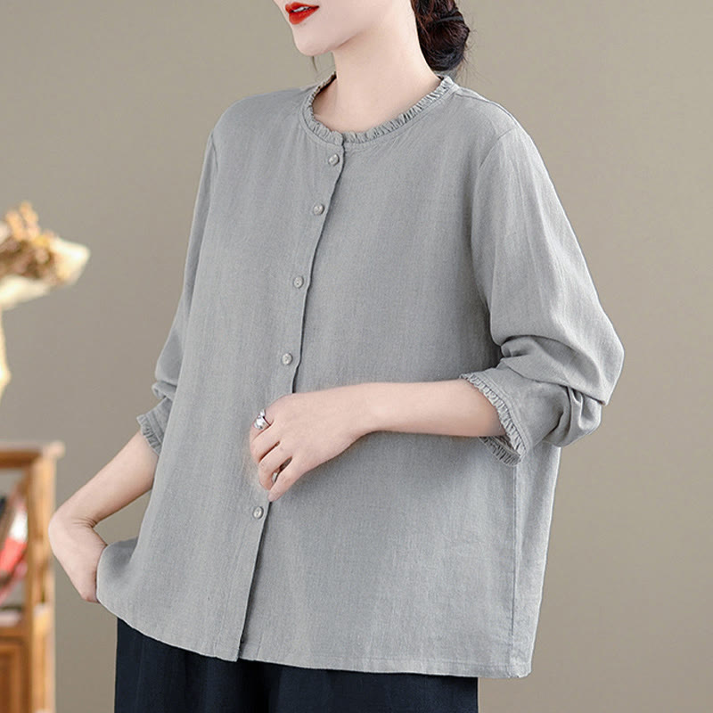 Camicia da donna con scollo rotondo e volant, tinta unita, con motivo Buddha Stones stampa primaverile. - image 11