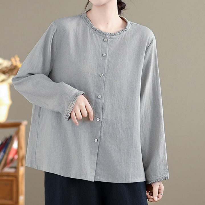 Camicia da donna con scollo rotondo e volant, tinta unita, con motivo Buddha Stones stampa primaverile. - image 10