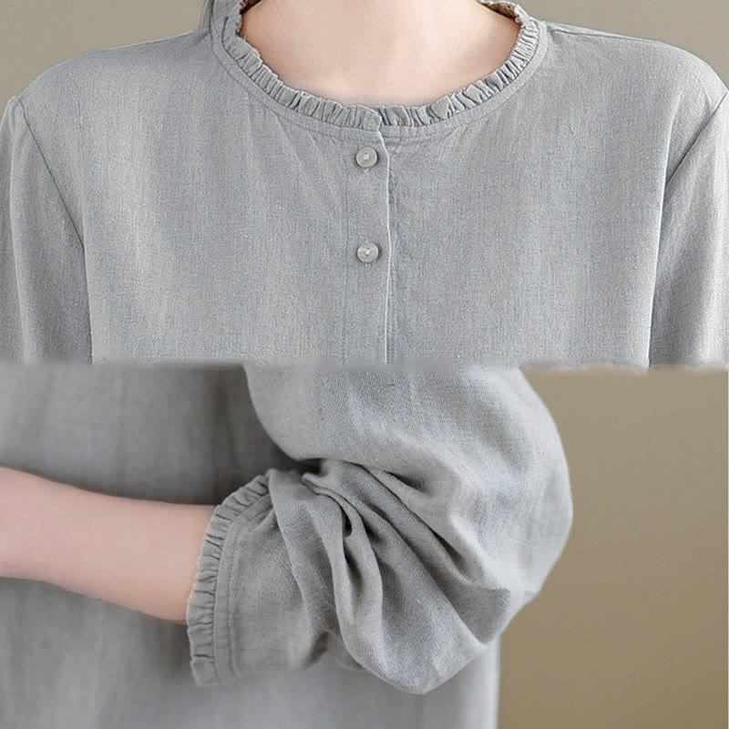Camicia da donna con scollo rotondo e volant, tinta unita, con motivo Buddha Stones stampa primaverile. - image 15