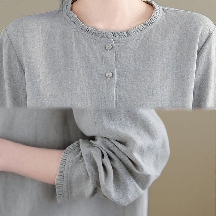 Camicia da donna con scollo rotondo e volant, tinta unita, con motivo Buddha Stones stampa primaverile. - image 15