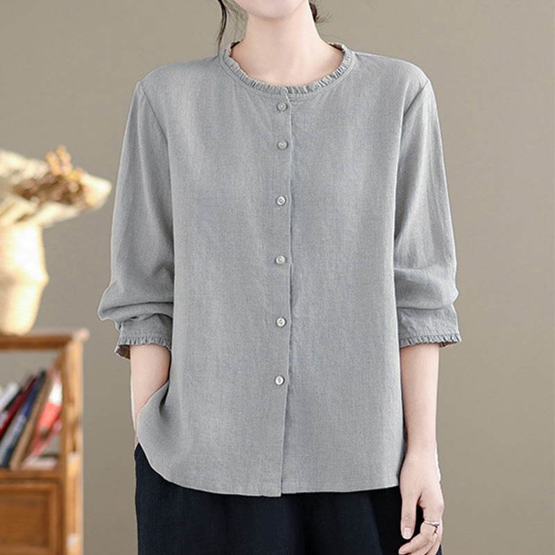 Camicia da donna con scollo rotondo e volant, tinta unita, con motivo Buddha Stones stampa primaverile. - image 6