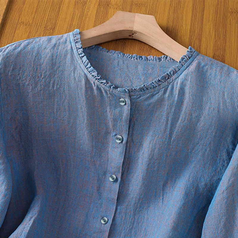 Camicia da donna con scollo rotondo e volant, tinta unita, con motivo Buddha Stones stampa primaverile. - image 17