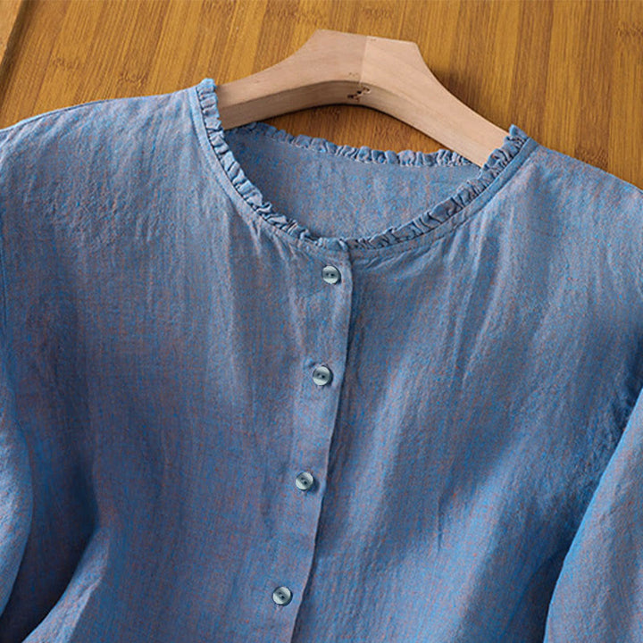 Camicia da donna con scollo rotondo e volant, tinta unita, con motivo Buddha Stones stampa primaverile. - image 17