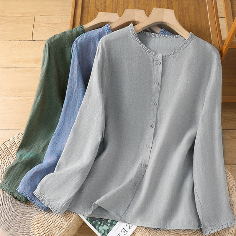 Camicia da donna con scollo rotondo e volant, tinta unita, con motivo Buddha Stones stampa primaverile. - image 19