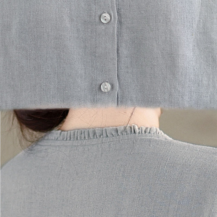 Camicia da donna con scollo rotondo e volant, tinta unita, con motivo Buddha Stones stampa primaverile. - image 14