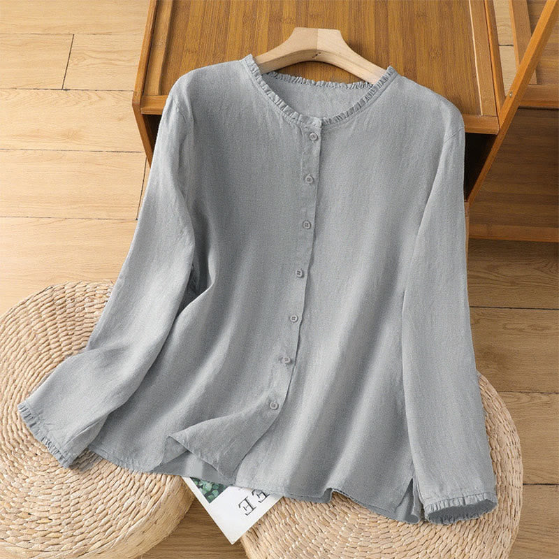 Camicia da donna con scollo rotondo e volant, tinta unita, con motivo Buddha Stones stampa primaverile. - Argento - US14, UK/AU18, EU46 (2XL) - image 5