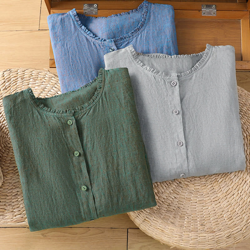 Camicia da donna con scollo rotondo e volant, tinta unita, con motivo Buddha Stones stampa primaverile. - image 20