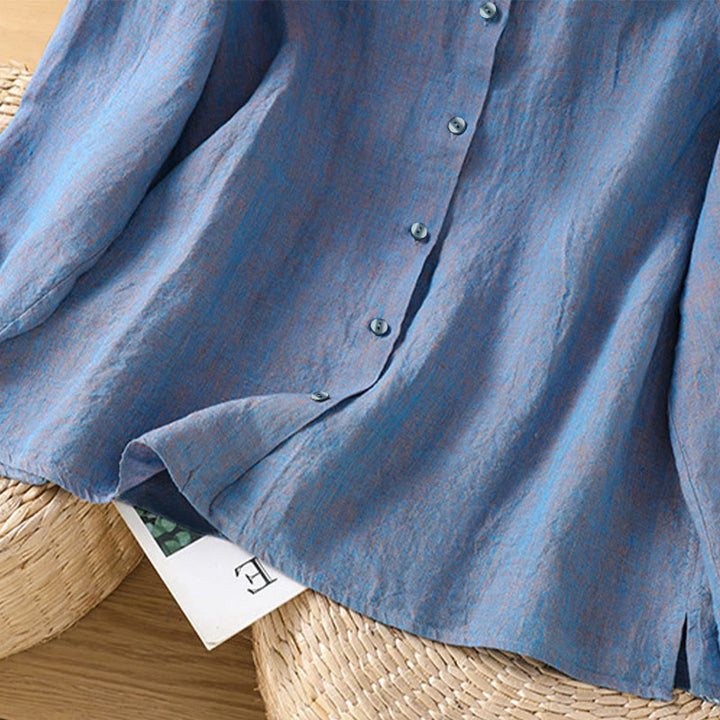 Camicia da donna con scollo rotondo e volant, tinta unita, con motivo Buddha Stones stampa primaverile. - image 18