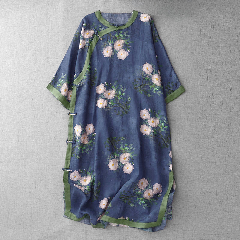 Abito midi a maniche corte con spacco laterale, motivo a orchidea, melograno e bottoni a rana Buddha Stones , orchidea e rana. - Blu scuro - US12, UK/AU16, EU44 (2XL) - image 13