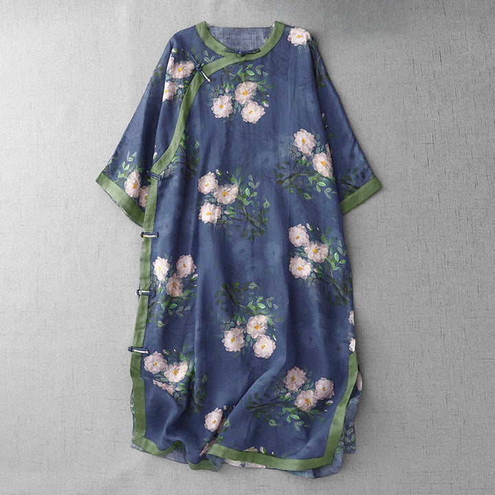 Abito midi a maniche corte con spacco laterale, motivo a orchidea, melograno e bottoni a rana Buddha Stones , orchidea e rana. - Blu scuro - US12, UK/AU16, EU44 (2XL) - image 13