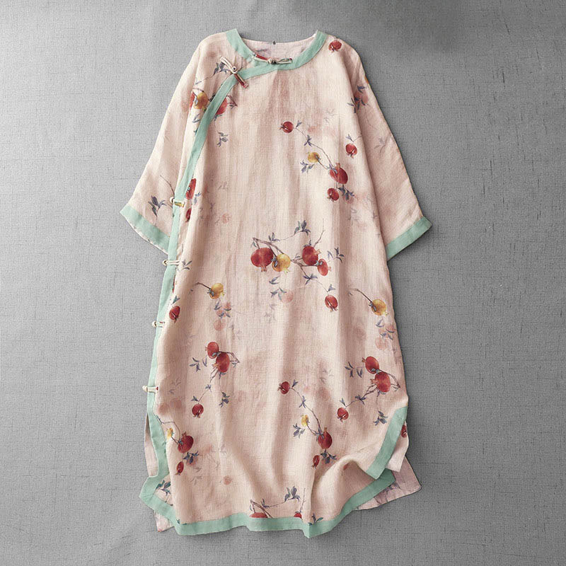 Abito midi a maniche corte con spacco laterale, motivo a orchidea, melograno e bottoni a rana Buddha Stones , orchidea e rana. - PeachPuff - US12, UK/AU16, EU44 (2XL) - image 1