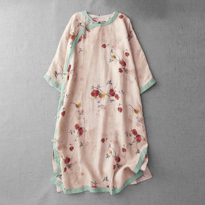 Abito midi a maniche corte con spacco laterale, motivo a orchidea, melograno e bottoni a rana Buddha Stones , orchidea e rana. - PeachPuff - US12, UK/AU16, EU44 (2XL) - image 1