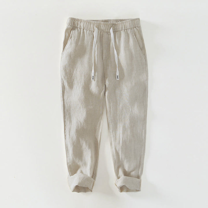 Pantaloni da uomo in lino alla caviglia con coulisse e elastico in vita, con stampa Buddha Stones Fall e tasche. - Beige - US/UK/AU44, EU54 (4XL) - image 0