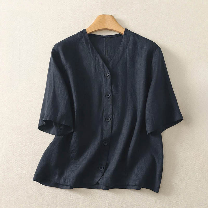 Camicia da donna a maniche corte con scollo a V e bottoni, tinta unita, con motivo Buddha Stones, ideale per l'estate. - Blu notte - US8-10, UK/AU12-14, EU40-42 (2XL) - image 14