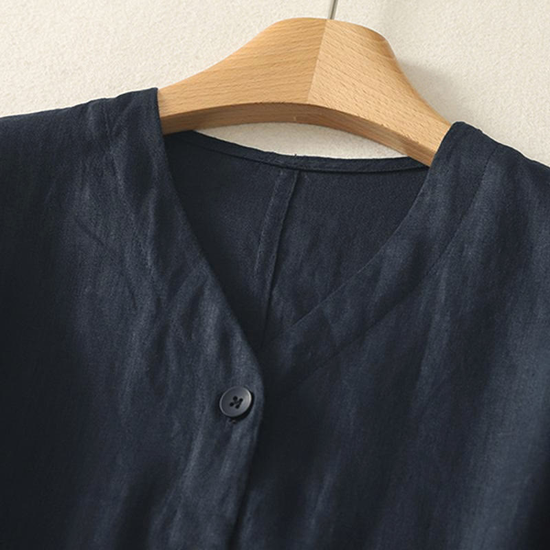 Camicia da donna a maniche corte con scollo a V e bottoni, tinta unita, con motivo Buddha Stones, ideale per l'estate. - image 15