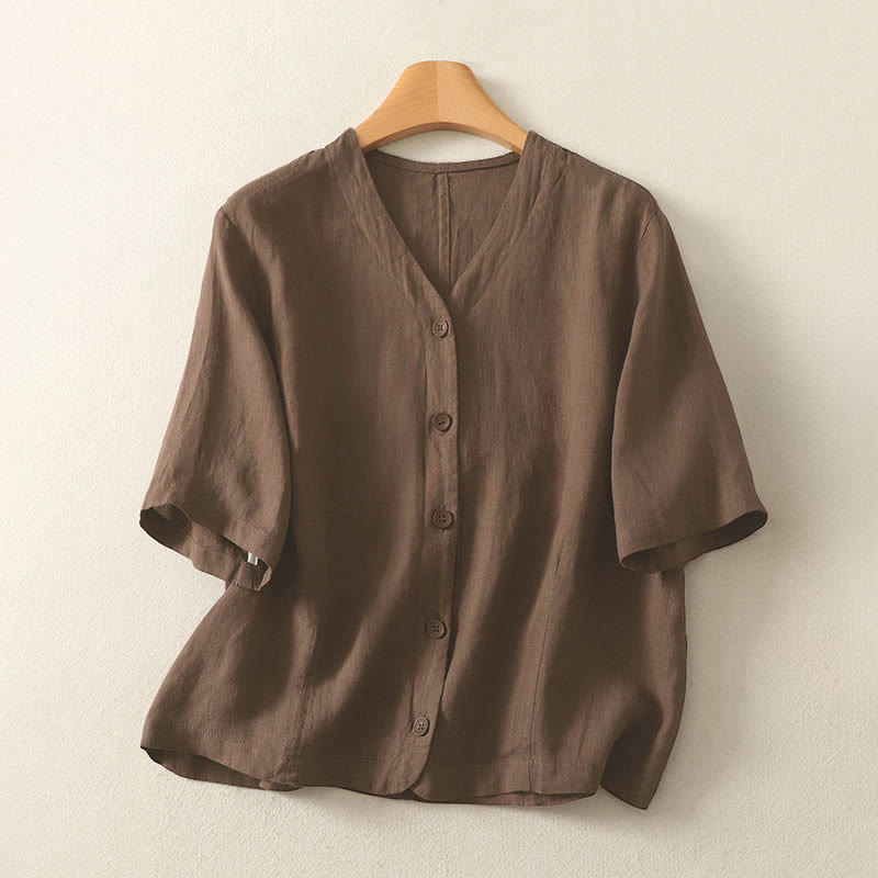 Camicia da donna a maniche corte con scollo a V e bottoni, tinta unita, con motivo Buddha Stones, ideale per l'estate. - Marrone sella - US8-10, UK/AU12-14, EU40-42 (2XL) - image 18
