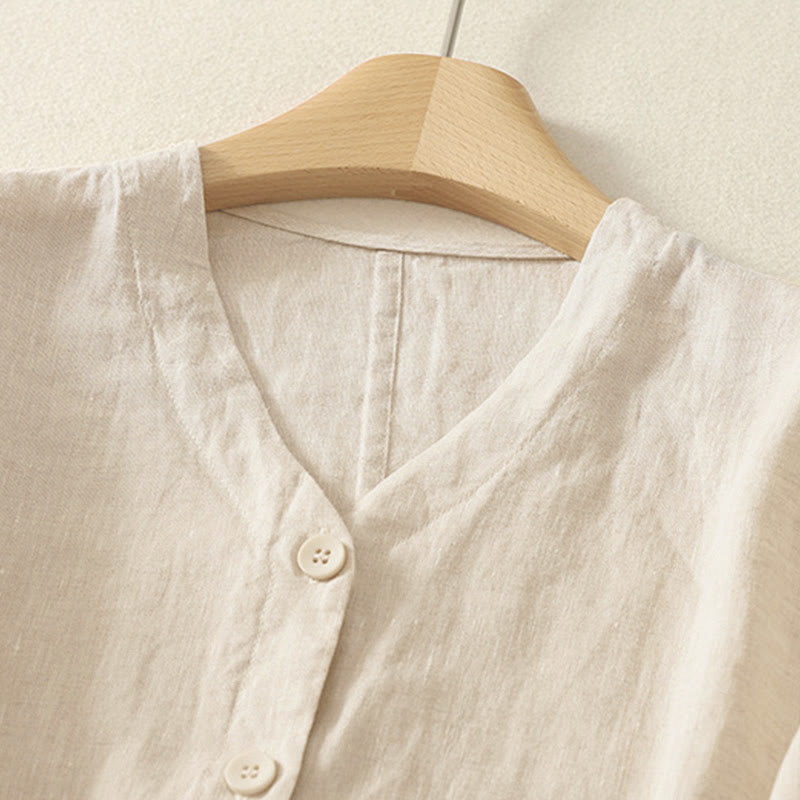 Camicia da donna a maniche corte con scollo a V e bottoni, tinta unita, con motivo Buddha Stones, ideale per l'estate. - image 6