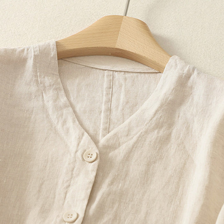 Camicia da donna a maniche corte con scollo a V e bottoni, tinta unita, con motivo Buddha Stones, ideale per l'estate. - image 6