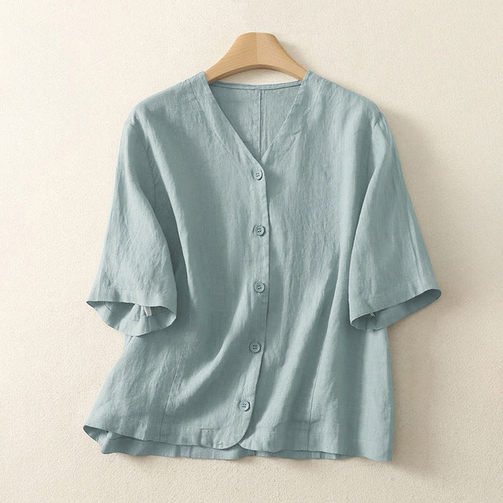 Camicia da donna a maniche corte con scollo a V e bottoni, tinta unita, con motivo Buddha Stones, ideale per l'estate. - Turchese medio - US8-10, UK/AU12-14, EU40-42 (2XL) - image 0