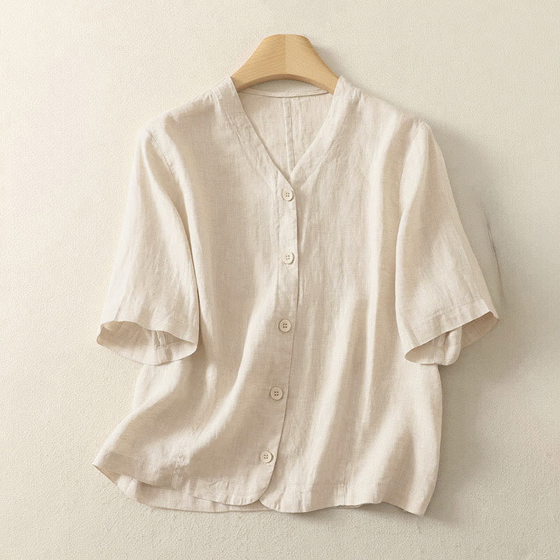 Camicia da donna a maniche corte con scollo a V e bottoni, tinta unita, con motivo Buddha Stones, ideale per l'estate. - PapayaWhip - US8-10, UK/AU12-14, EU40-42 (2XL) - image 4
